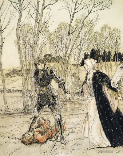 Hvordan Beaumains besejrede den røde ridder, og damoselen altid talte mange grimme ord til ham (pen & blæk og wc) af Arthur Rackham