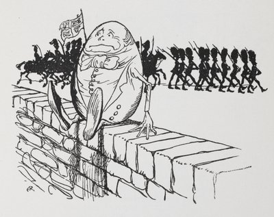 Humpty Dumpty sad på en væg. af Arthur Rackham