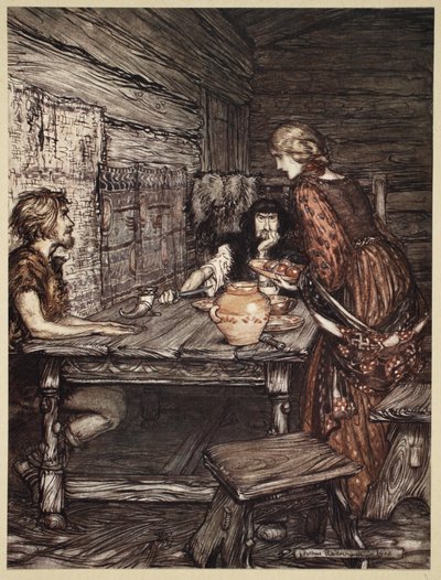 Hunding opdager ligheden mellem Siegmund og Sieglunde, illustration fra "Rhinegold og Valkyrien", 1910 af Arthur Rackham