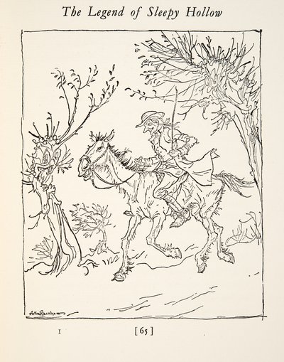 Ichabod Crane flygter fra den hovedløse rytter, fra The Legend of Sleepy Hollow af Washington Irving (1783 - 1859), pub. 1928 af Arthur Rackham