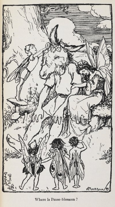 Illustration fra En skærsommernatsdrøm med feer og en mand med røvhoved. af Arthur Rackham