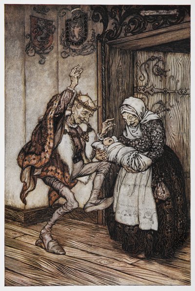 Illustration fra Briar Rose af en ældre konger og dronning og deres baby. af Arthur Rackham