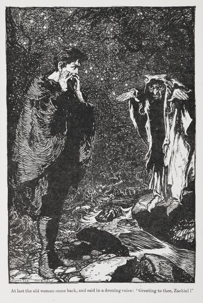 Illustration fra Jorinda og Joringel af Zachiel og den gamle kvinde. af Arthur Rackham