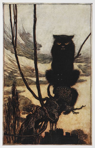 Illustration fra Jorinda og Joringel af en sort kat. af Arthur Rackham