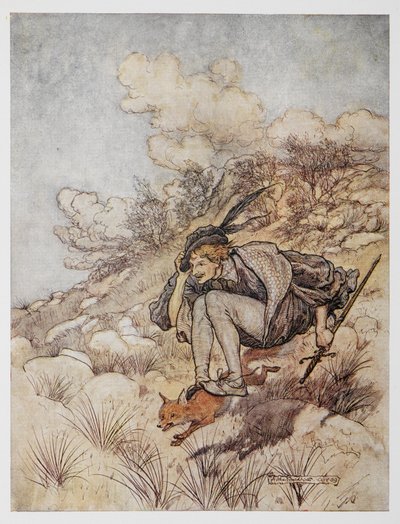 Illustration fra Den gyldne fugl. En prins rider på en ræv. af Arthur Rackham