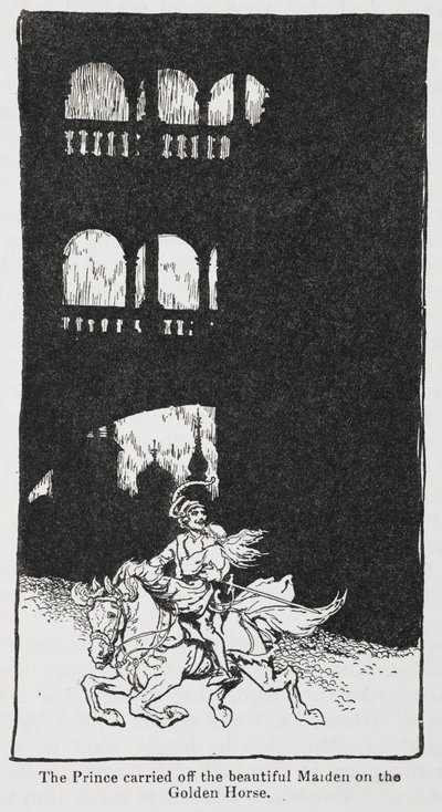 Illustration fra Den gyldne fugl, når prinsen bærer jomfruen af sted til hest. af Arthur Rackham