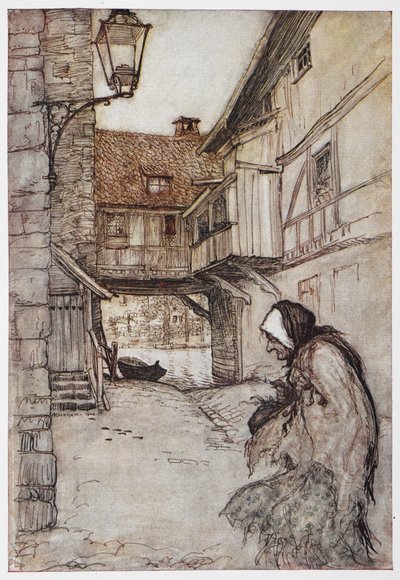 Illustration fra Halmen, kullet og Bønnen. af Arthur Rackham
