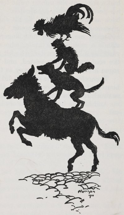 Illustration fra Bremen bymusikanter af en røv, hund, kat og hane. af Arthur Rackham