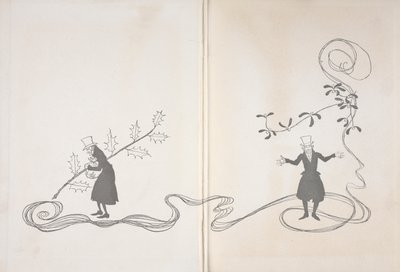 Illustration af Joakim. På den ene side er han afbildet af en kvist af kristtorn, der griber en pose penge og ser vred ud. På den anden side er han afbildet med en kvist mistelten, der ser glad ud. af Arthur Rackham
