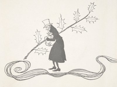 Illustration af Joakim, afbildet af en kvist af kristtorn, der griber en pose penge og ser vred ud. af Arthur Rackham