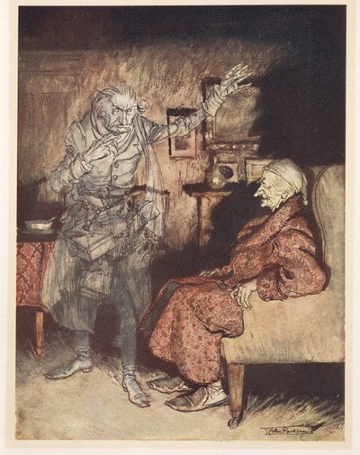Illustration af Joakim med Ghost of Christmas Past af Arthur Rackham