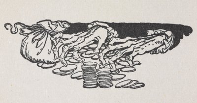 Illustration af Joakims hænder, der tæller penge af Arthur Rackham