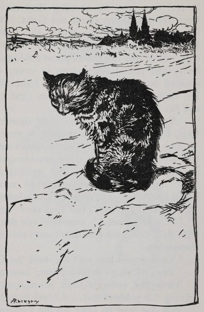 Illustration af en kat fra The Bremen Town Musicians. af Arthur Rackham