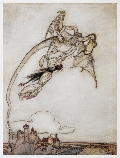 Illustration af en drage, der bærer prinsessen fra The Four Clever Brothers. af Arthur Rackham