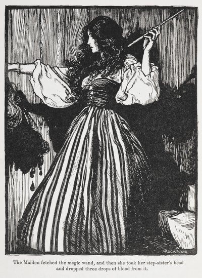 Illustration af en pige i en stribet kjole fra Sweetheart Roland. af Arthur Rackham