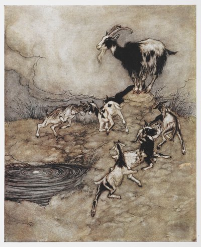 Illustration af en ged og hendes unge børn, der leger fra Ulven og de syv børn. af Arthur Rackham