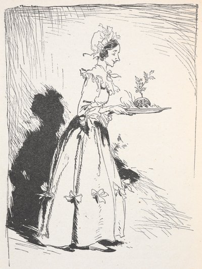 Illustration af en kvinde, der bærer en julebudding af Arthur Rackham