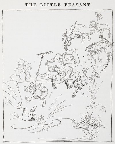 Illustration af mænd, der hopper fra en klippe ned i en dam fra The Little Peasants. af Arthur Rackham