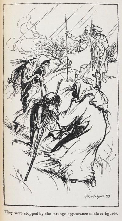 Illustration af de tre hekse, Macbeth og Banquo. af Arthur Rackham