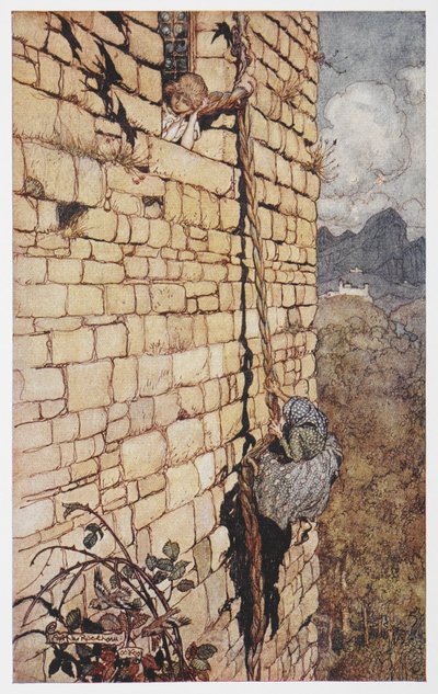 Illustration af heksen, der klatrer op i Rapunzels hår. af Arthur Rackham