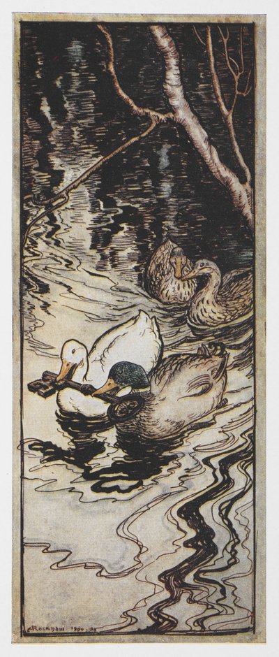 Illustration af to ænder med en nøgle fra The Queen Bee. af Arthur Rackham