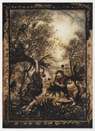 Illustration af to giganter, der kæmper med træer fra den tapper skrædder. af Arthur Rackham