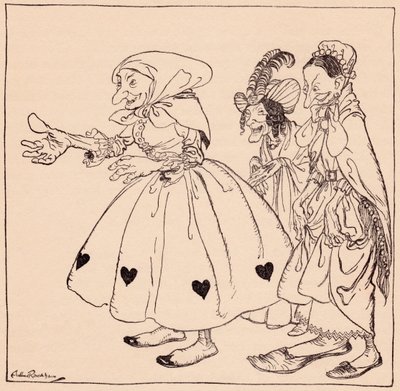 Ind kom de tre kvinder, der var klædt på den mest frække mode. Illustration af Arthur Rackham fra Grimm