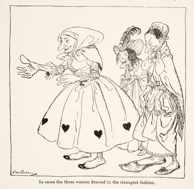 Ind kom de tre kvinder klædt på den mærkeligste måde, fra Little Brother & Little Sister and Other Tales af brødrene Grimm, pub.1917 (litho) af Arthur Rackham