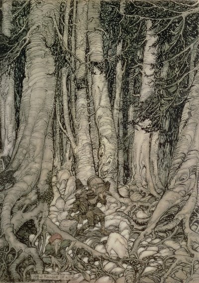 In the Forest with a Barrel fra Rip Van Winkle skrevet af Washington Irving (1783-1859), 1905 af Arthur Rackham