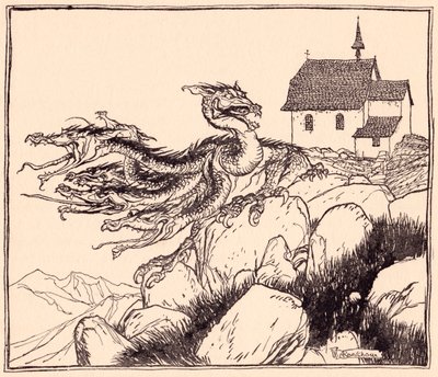 Det varede ikke længe, før den syvhovedede drage kom, højlydt brølende. Illustration af Arthur Rackham fra Grimm