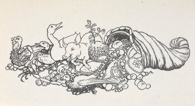 Genstande fra et julegilde, der vælter ud fra en hornform. Varerne inkluderer en julebudding, pølser, en kalkun, en gris, en and, en fasan, en tærte og frugter. af Arthur Rackham