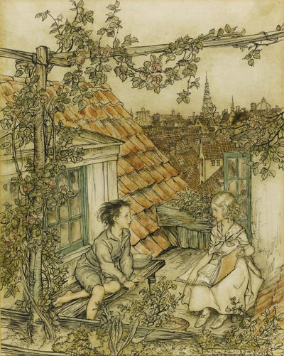 Kay og Gerda i deres have højt oppe på taget. Illustration til fortællingen om Snedronningen, 18 af Arthur Rackham