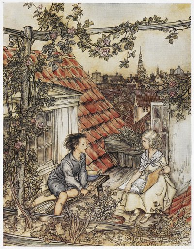 "Kay og Gerda i deres have højt oppe på taget". To børn sidder på taget af et hus. Illustration til "den lille pige og den lille dreng". af Arthur Rackham