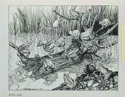 Kong Log, illustration fra "Æsops fabler", udgivet af Heinemann, 1912 af Arthur Rackham
