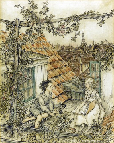 La Reine des neiges - Kay og Gerda i deres have højt oppe på taget. Illustration til historien om Snedronningen af Rackham, Arthur (1867-1939) af Arthur Rackham