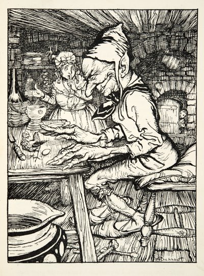 Læg!", brølede kæmpen, og straks lagde hønen et æg af massivt guld, fra The Arthur Rackham Fairy Book, pub. 1933 af Arthur Rackham