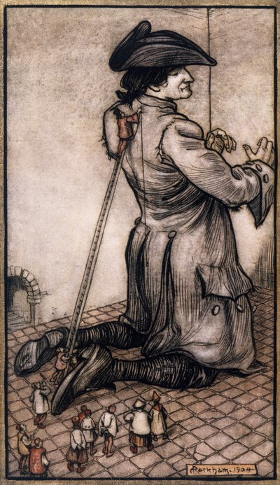 Lilliputske skræddere måler Gulliver for at lave ham et nyt jakkesæt, illustration af Arthur Rackham (1867-1939) fra Gulliver