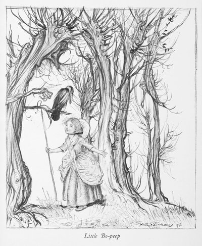 Lille Bo-peep i en skov med en fugl. af Arthur Rackham