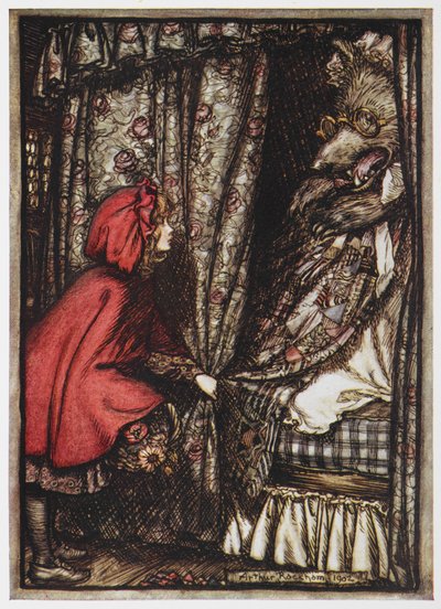 Little Red Riding and the Wolf klædte sig ud som sin bedstemor. af Arthur Rackham