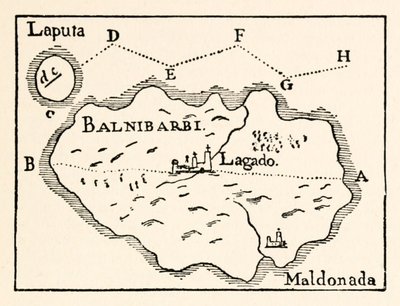 Kort over Laputa (flyvende ø øverst til højre) og Balnibarbi (hovedhavn Maldonado) fra del III: A Voyage to Laputa, Balnibarbi, Luggnagg, Glubbdubdrib og Japan i Gullivers Travels af Jonathan Swift af Arthur Rackham