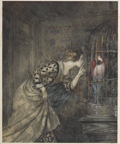 May Colvin og en papegøje i et bur. af Arthur Rackham