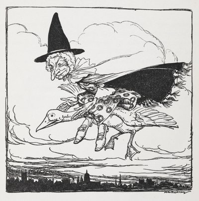 Gåsemor flyver på en gås. af Arthur Rackham