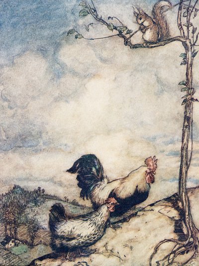 Nu skal vi op ad bakken og holde et godt festmåltid, inden egernet bærer alle nødderne af.., fra Brødrene Grimms eventyr, pub. 1909 af Arthur Rackham