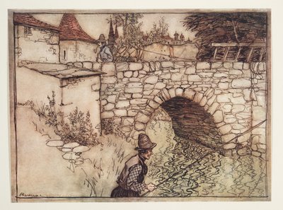 Engang var en fattig bonde ved navn Crabb, der tog et læs træ trukket af to okser til byen for salg, fra The Fairy Tales of the Brothers Grimm, pub. 1909 af Arthur Rackham