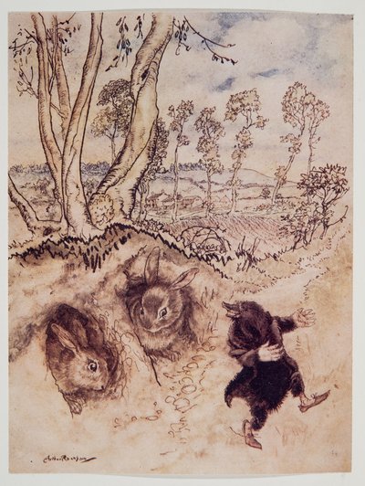 Løg-sauce! Løg-sauce! bemærkede han hånende og var væk, før de kunne komme i tanke om et svar, fra Wind in the Willows af Kenneth Grahame (1859 - 1932), pub. 1940 af Arthur Rackham