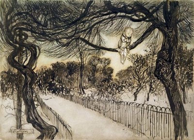 Peter Pan on a Branch, scene fra Peter Pan i Kensington Gardens af J.M Barrie, 1912 (pen og blæk og wc) af Arthur Rackham