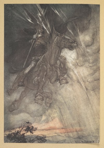 "Raging, Wotan rider til Klippen! Som en stormvind kommer han!" af Arthur Rackham
