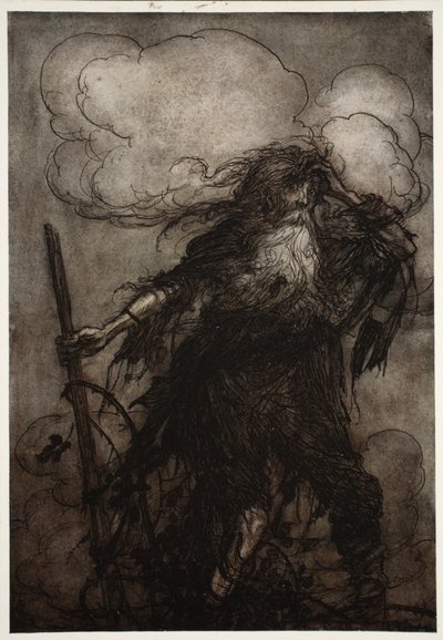 Rip vågner op. Jeg har vel ikke sovet her hele natten?Åh, den flaske! Den onde flaske! Hvilken undskyldning skal jeg give Dame Van Winkle? fra Rip Van Winkle af Washington Irving, pub. 1910 af Arthur Rackham