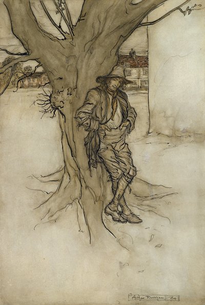 Rips søn, en præcis pendant til ham selv, da han gik op ad bjerget, 1904 (wc med pen og blæk på papir) af Arthur Rackham