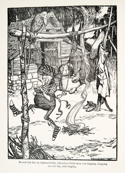 Rundt om bålet sprang en ubeskriveligt latterlig lille mand, hoppede på et ben og sang, fra The Fairy Tales of the Brothers Grimm, pub. 1909 af Arthur Rackham